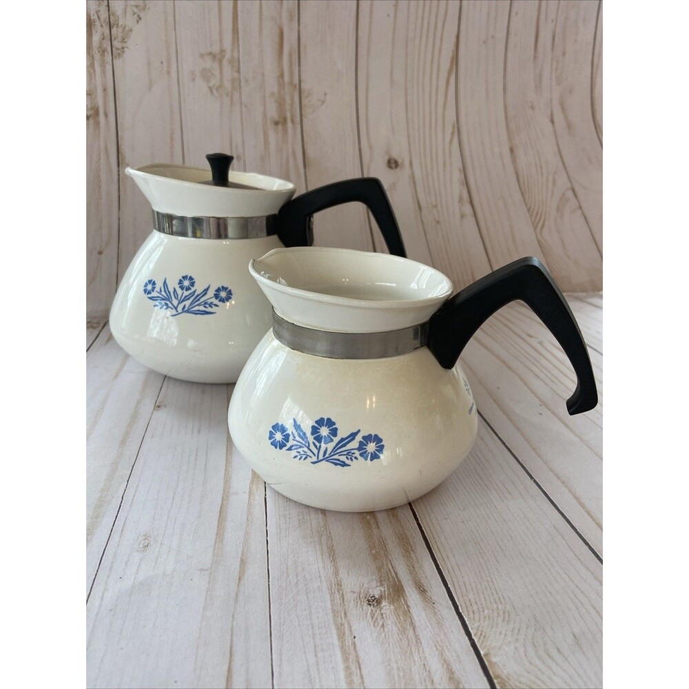 Vintage Lot Of Corningware Blue Cornflower 6 Cup & 3 Cup Tea Pots Retro 70’s